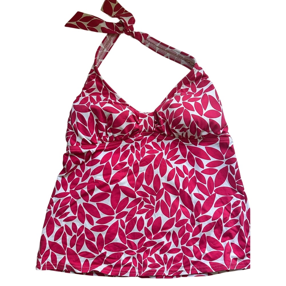 Lands End Women Pink White Leaf Print Halter‎ Neck Tankini Swim Top Size 8
